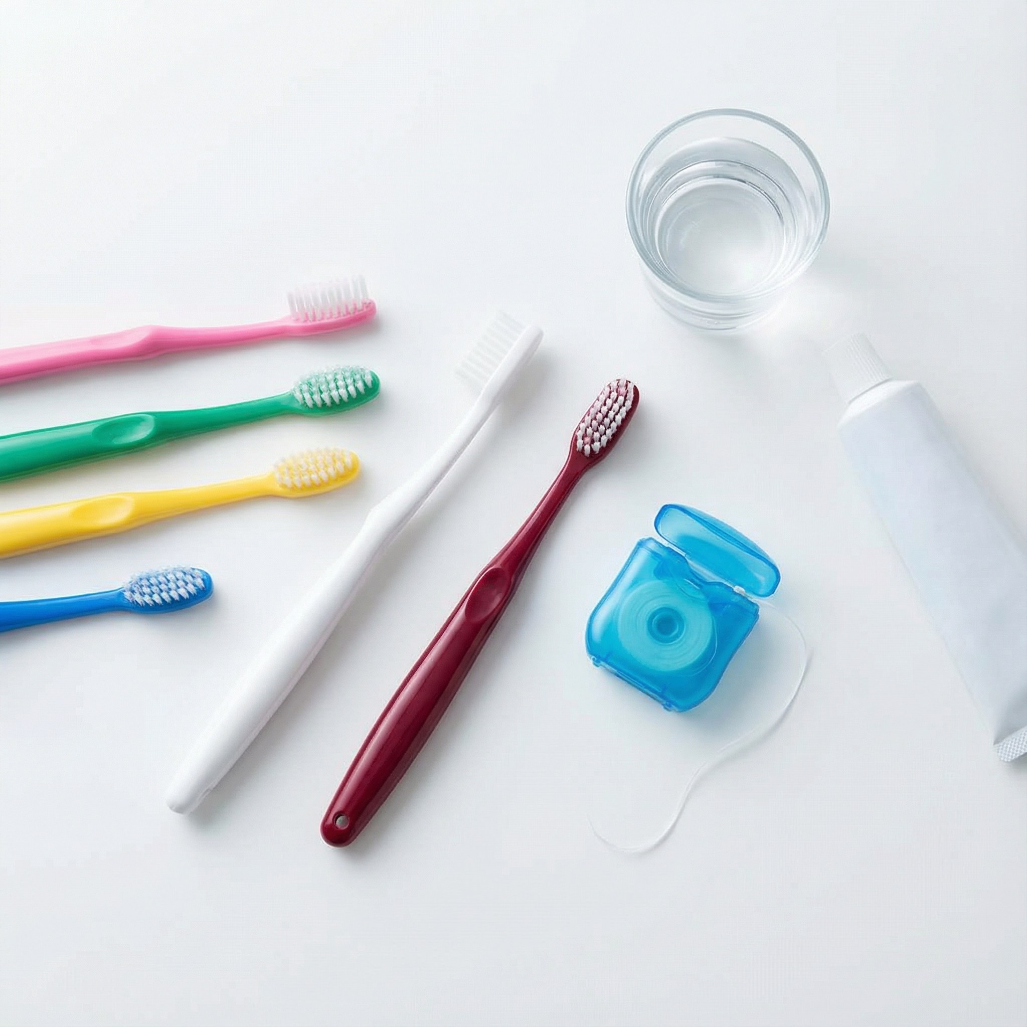 Dental hygiene essentials including toothbrushes, dental floss, and oral care products