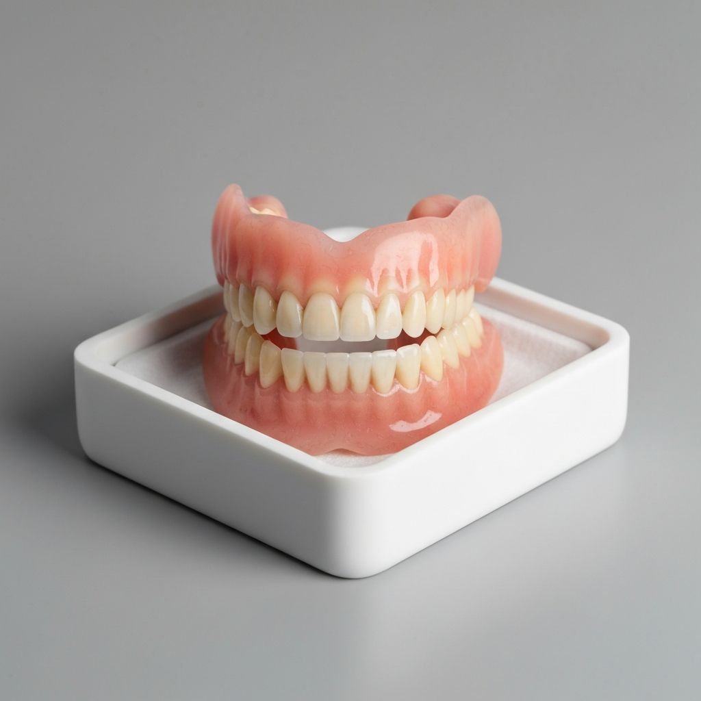 Complete set of upper and lower dentures with natural-looking teeth