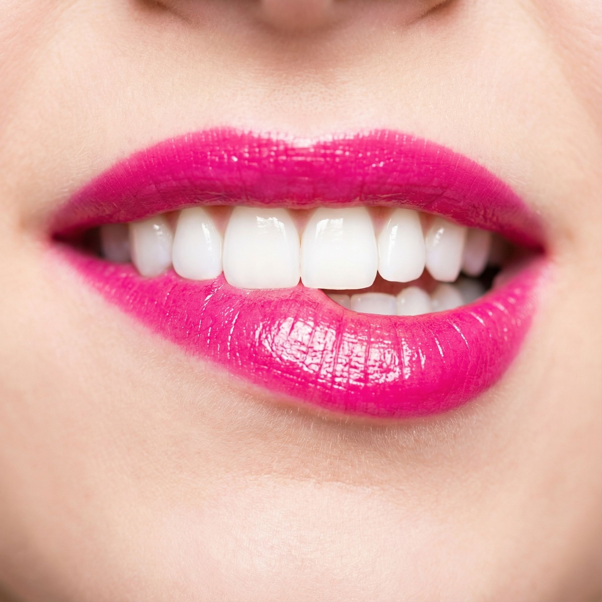 Close-up of beautiful bright white smile with pink lipstick showing professional teeth whitening results